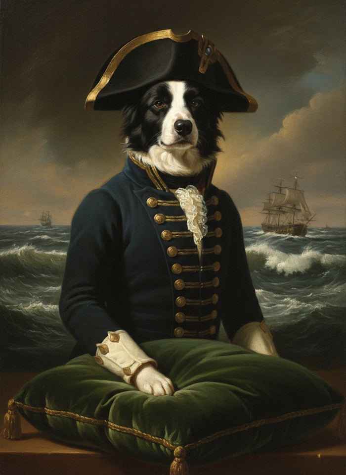 Border Collie dipinto come un ammiraglio con veliero a vele alte