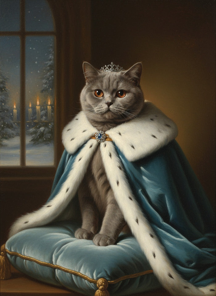 Gatto British Shorthair dipinto come La Regina d'Inverno