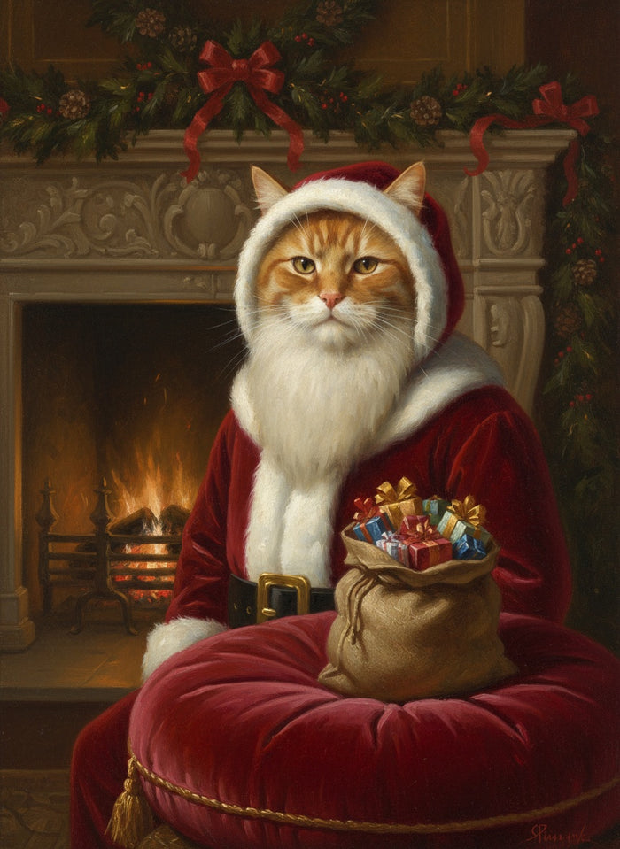 Gatto rosso dipinto come Babbo Natale accanto al camino