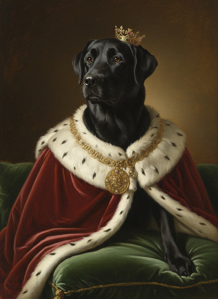 Labrador nero dipinto come un re con mantello di ermellino e corona