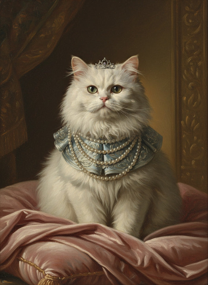 Gatto Persiano bianco dipinto come una regina con perle e diadema