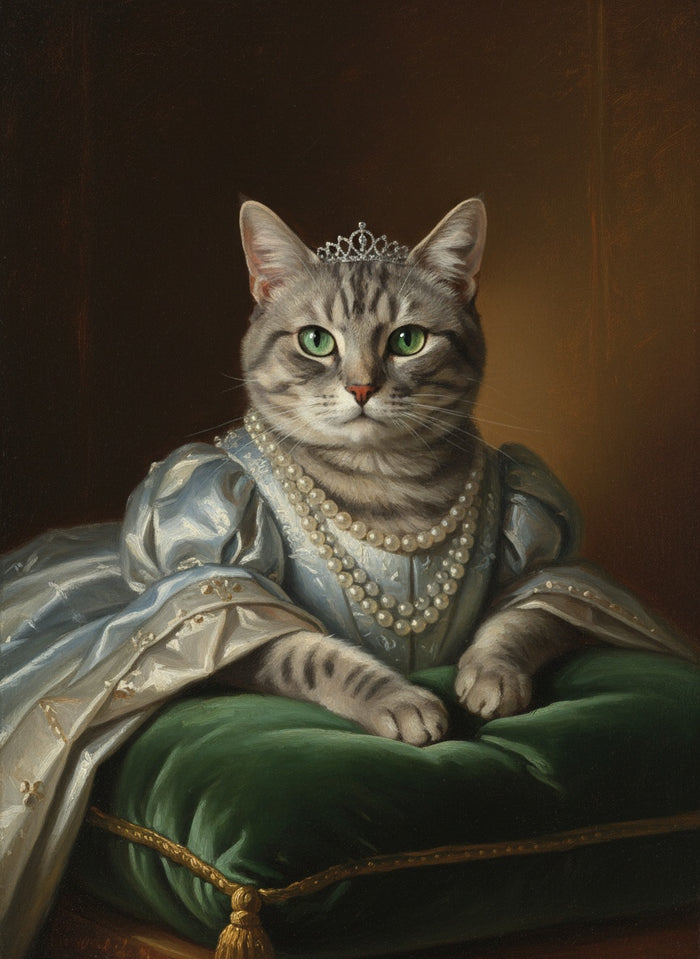 Gatto tigrato grigio dipinto come una regina