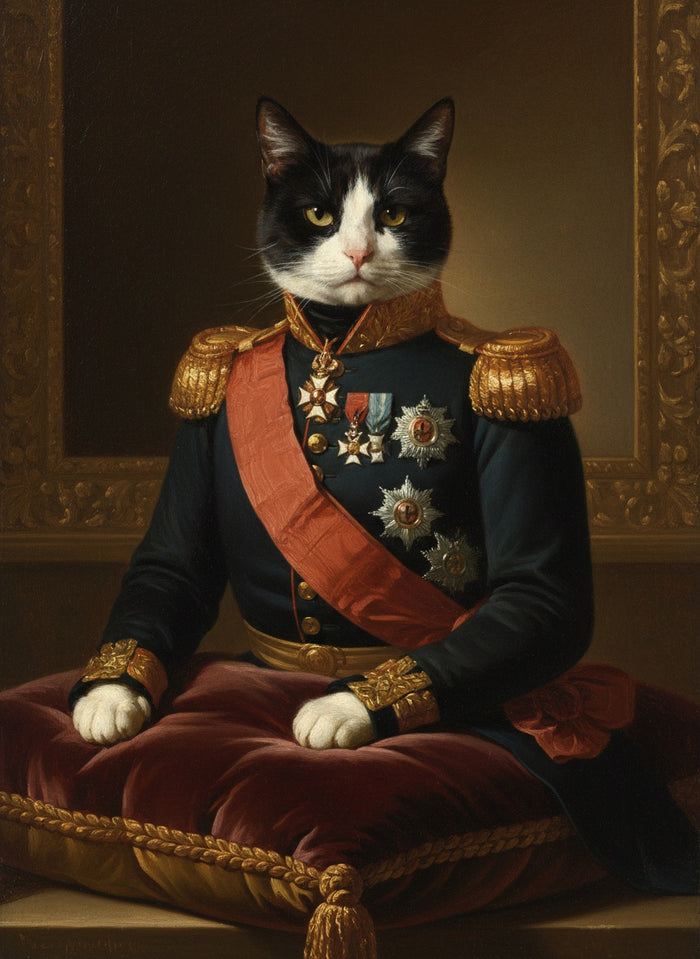 Gatto bianco e nero dipinto come un generale in uniforme