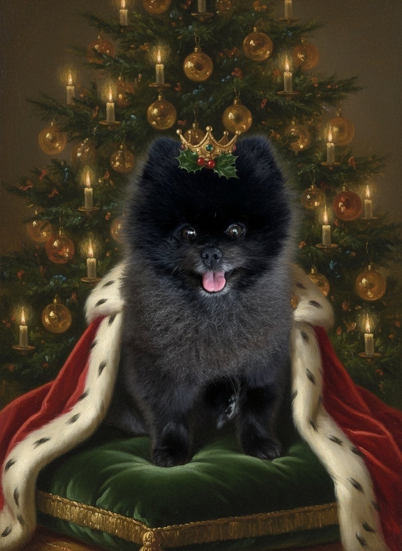 Volpino di Pomerania nei panni del Re del Natale – ritratto del pet in stile antichi maestri