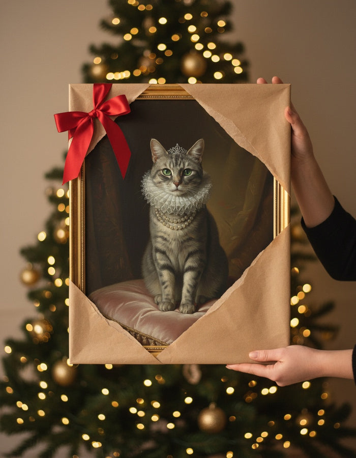 Ritratto da regina di un gatto che viene scartato come regalo di Natale