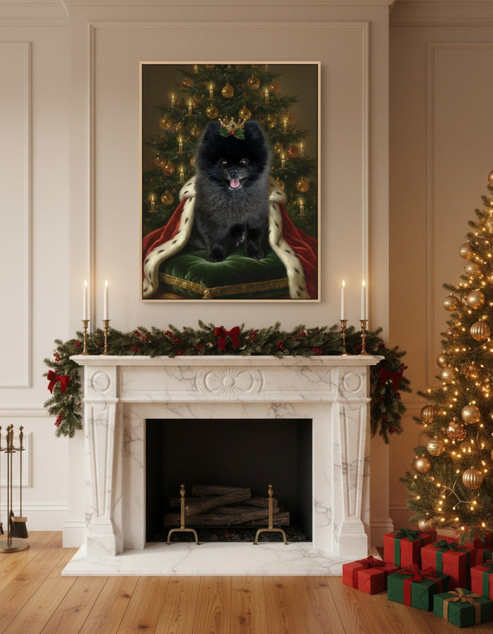 Ritratto su tela di uno Spitz di Pomerania come Il Re del Natale sopra un camino con albero di Natale