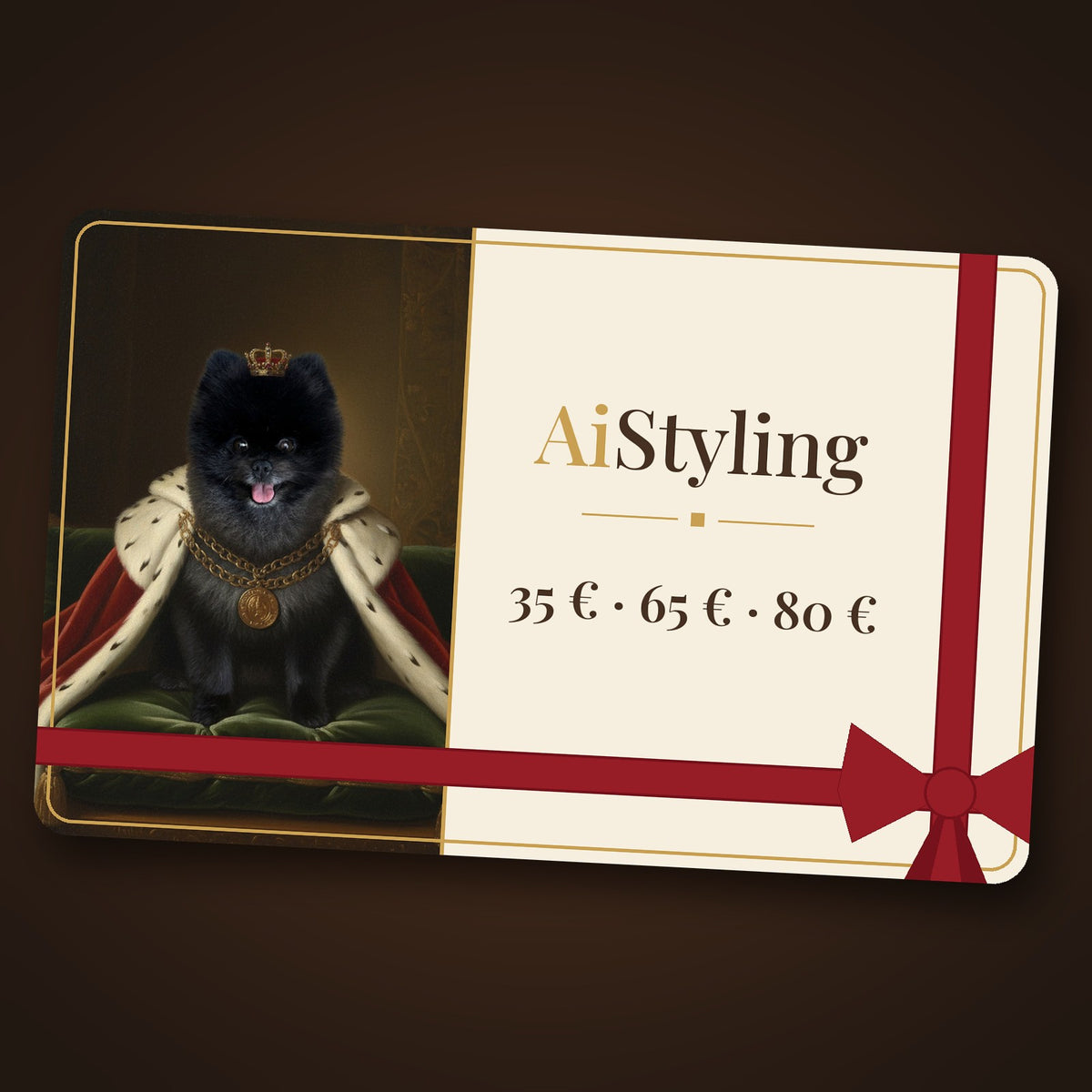 Gift card AiStyling con il ritratto regale del nostro Pomerania Portoriko (Medo)